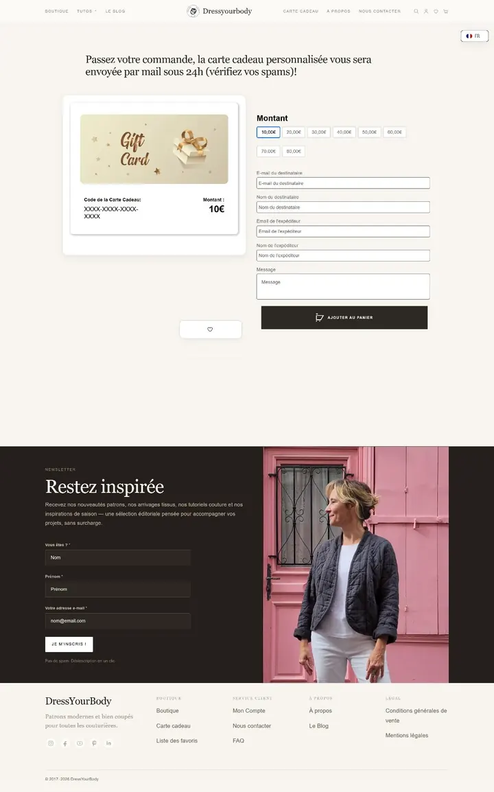 Page carte cadeau DressYourBody après amélioration