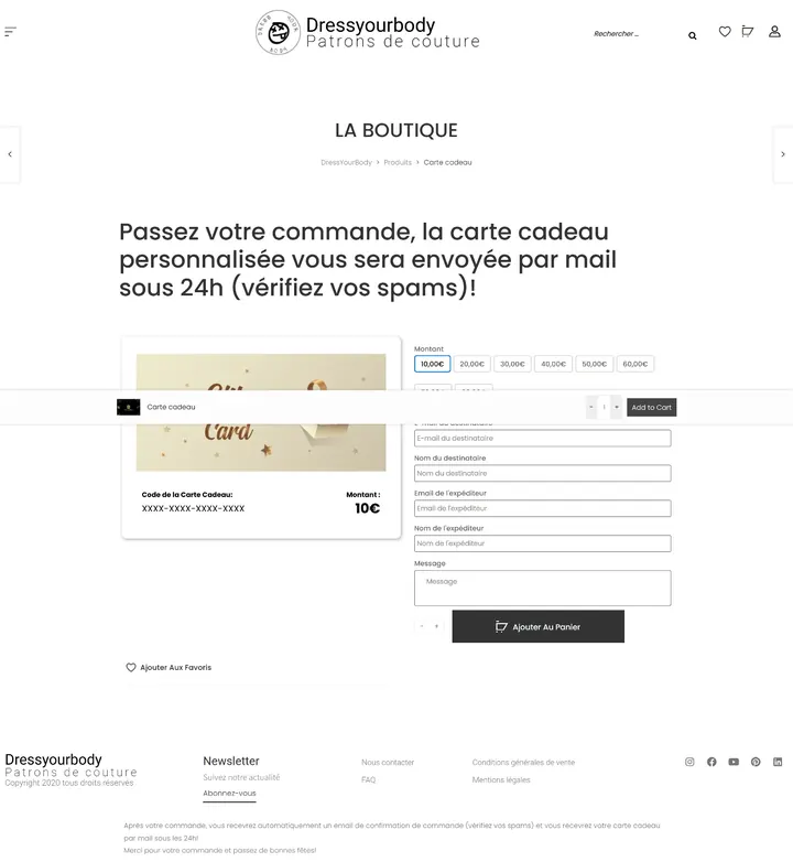 Ancienne page carte cadeau DressYourBody