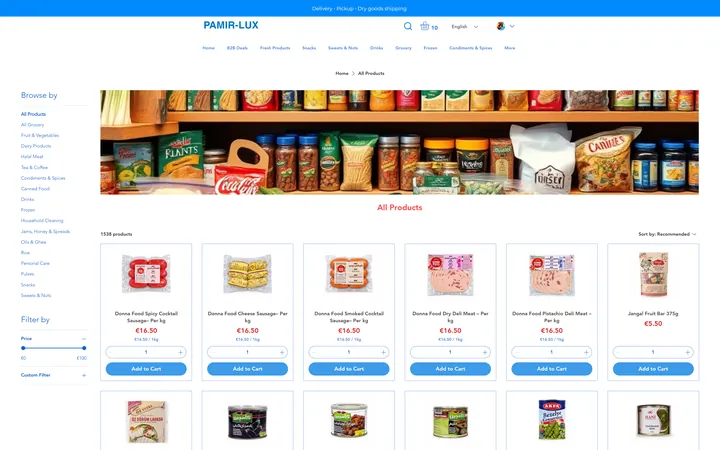 Catalogue Pamir-Lux avec navigation, filtres et grille produits
