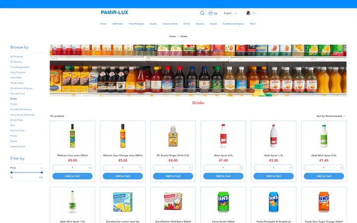 Catégorie Drinks Pamir-Lux avec produits organisés