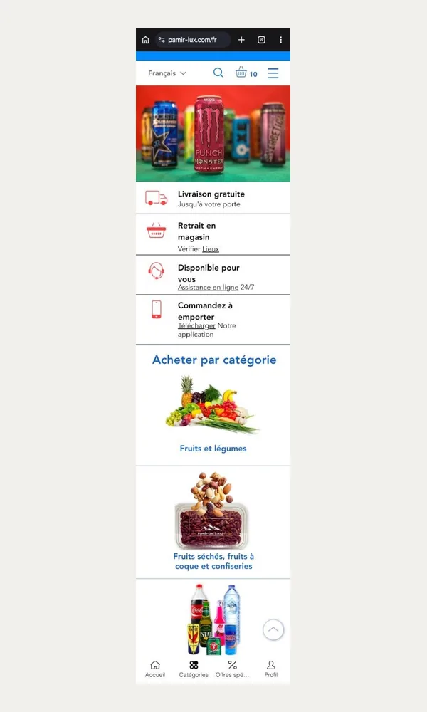 Page d’accueil Pamir-Lux sur mobile